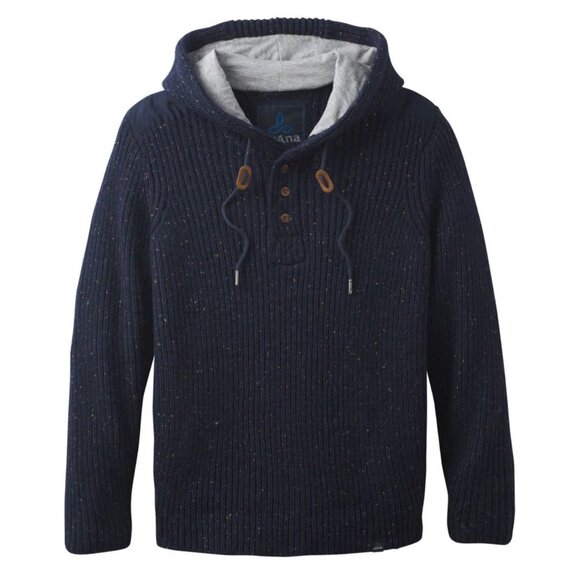 Prana Lamb Wool Nautical Hooded Henley Sweater Mens Large Blue Knit Fisherman - Picture 1 of 16